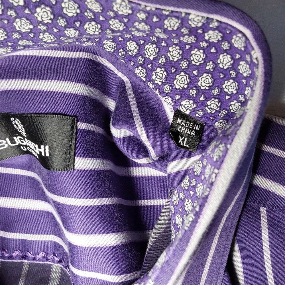 Bugatchi Uomo Mens XL Dress Shirt Classic Fit Flip Cuff Purple Stripe Button‎ Up
